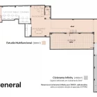 Plano del estudio fotográfico en alquiler con luz natural, plató y zona de colores en Valencia